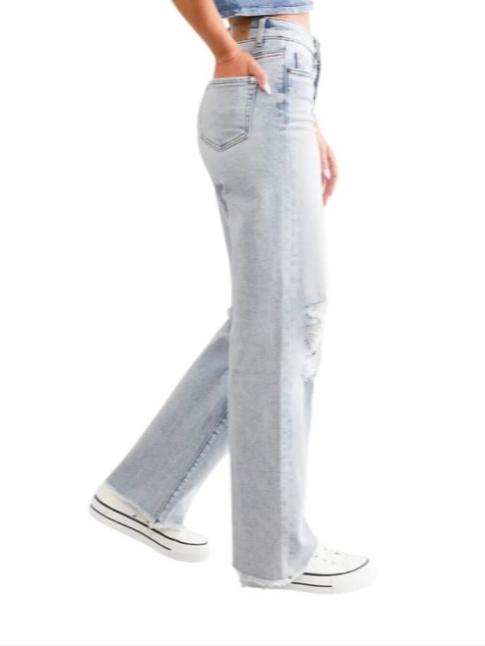 BKE BILLIE Slim Fit High-Rise Wide-Leg Distressed Raw Hem Frayed Denim Jeans - Picture 2 of 13
